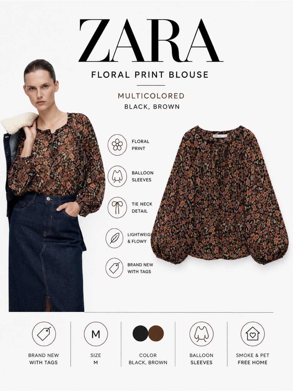 ZARA Floral Print Balloon Sleeve Blouse NWT Size M Black Brown